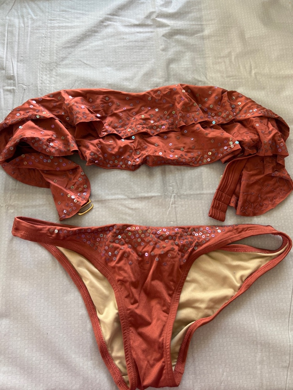 Victoria's Secret Rust Red Sequin ruffled bandeau Bikini set